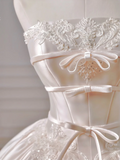 Princess Long Wedding Gowns Ball Gown Strapless Sleeveless Satin For Bride With Lace Appliques Train Bridal Dresses HZ0311