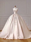 Princess Long Wedding Gowns Ball Gown Sweetheart Sleeveless Light Pink Satin For Bride With Beads Train Bridal Dresses HZ0311