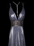 Modest A line Spaghetti Strap Gray Pleated Long Evening Dresses Inspo Senior Night Dance Prom Dress HZ0311
