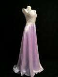 Simple A line Spaghetti Strap Lilac Satin With Lace For Women Long Prom Dress Birthday Gowns HZ0311