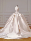 Princess Long Wedding Gowns Ball Gown Sweetheart Sleeveless Light Pink Satin For Bride With Beads Train Bridal Dresses HZ0311