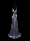 Modest A line Spaghetti Strap Gray Pleated Long Evening Dresses Inspo Senior Night Dance Prom Dress HZ0311