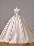 Princess Long Wedding Gowns Ball Gown Sweetheart Sleeveless Light Pink Satin For Bride With Beads Train Bridal Dresses HZ0311