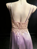 Simple A line Spaghetti Strap Lilac Satin With Lace For Women Long Prom Dress Birthday Gowns HZ0311