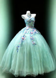 Cute Ball Gown Sweetheart Sleeveless Blue With Applique Tulle Long Quinceanera Dresses Sweet 15 16 Birthday Outfits HZ0311