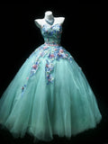 Cute Ball Gown Sweetheart Sleeveless Blue With Applique Tulle Long Quinceanera Dresses Sweet 15 16 Birthday Outfits HZ0311