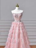 Modest Senior Prom Dresses High Schools Inspiration Ball Gown Strapless Pink With Beaded Semi Formal Grad Long Prom Dress HZ0311