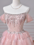 Modest Senior Prom Dresses High Schools Inspiration Ball Gown Strapless Pink With Beaded Semi Formal Grad Long Prom Dress HZ0311