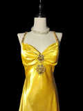 Classic Mermaid Spaghetti Strap Yellow Open Backs Satin Sleeveless Long Prom Dresses High School Senior Graduation Dance Evening Outfits HZ0311
