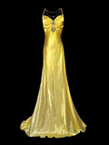 Classic Mermaid Spaghetti Strap Yellow Open Backs Satin Sleeveless Long Prom Dresses High School Senior Graduation Dance Evening Outfits HZ0311