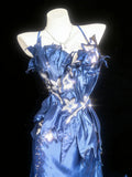 Retro 1950s Mermaid Spaghetti Strap Royal Blue Satin With Applique For Women Long Prom Dress Birthday Gowns HZ0311