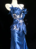 Retro 1950s Mermaid Spaghetti Strap Royal Blue Satin With Applique For Women Long Prom Dress Birthday Gowns HZ0311