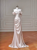 Timeless Wedding Dresses Mermaid Off The Shoulder Light Pink Satin Pleated Brides Dress Style For Brides With Corset Fitted Bridal Gowns HZ0311