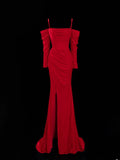 Simple Formal Mermaid Off The Shoulder Red With Slit Ruched Style Impress Long Prom Dresses Party Gowns HZ0311