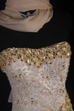 Vintage Mermaid Sweetheart Champagne Lace With Gold Beads Scarf Long Party Dress With Beads 1950s Retro Classy Birthday Dinner Prom Dress HZ0311