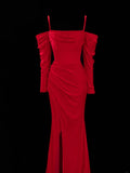Simple Formal Mermaid Off The Shoulder Red With Slit Ruched Style Impress Long Prom Dresses Party Gowns HZ0311
