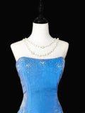 Vintage 1950s A line Strapless Blue Organza With Beads Long Prom Dresses High School Senior Graduation Dance Evening Gown HZ0311