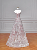 Glitter A line High Neck Pink Sequins Long Formal Fancy Prom Evening Dress Dinner Outfits Party Gowns For Teens HZ0311