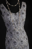 Vintage Sheath V Neck Lace Silver Gray Tassel Long Party Dress With Beads 1950s Retro Classy Birthday Dinner Prom Dress HZ0311