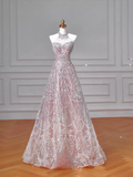 Glitter A line High Neck Pink Sequins Long Formal Fancy Prom Evening Dress Dinner Outfits Party Gowns For Teens HZ0311