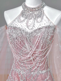 Glitter A line High Neck Pink Sequins Long Formal Fancy Prom Evening Dress Dinner Outfits Party Gowns For Teens HZ0311