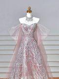 Glitter A line High Neck Pink Sequins Long Formal Fancy Prom Evening Dress Dinner Outfits Party Gowns For Teens HZ0311
