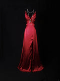 Vintage Sheath V Neck Backless Satin Red Party Dress With Beads 1950s Retro Classy Birthday Dinner Long Prom Dresses HZ0311