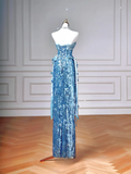 Glitter Sheath Strapless Blue Sequins Long Formal Fancy Prom Evening Dress Dinner Outfits Party Gowns For Teens HZ0311