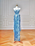 Glitter Sheath Strapless Blue Sequins Long Formal Fancy Prom Evening Dress Dinner Outfits Party Gowns For Teens HZ0311