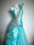 Classy Ball Gown One Shoulder Blue Satin With Beaded Bodice Tulle Sleeveless Long Prom Dresses Inspo Senior Sweet 16 Birthday Outfits HZ0311