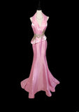 Vintage 1950s Mermaid V Neck Pink With Gold Lace Sleeveless Long Prom Dresses High School Senior Graduation Dance Evening Outfits HZ0311
