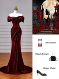 Simple Mermaid Off The Shoulder Burgundy With Sleeves Long Formal Prom Dresses Night Outfits Party Gowns HZ0311