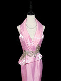 Vintage 1950s Mermaid V Neck Pink With Gold Lace Sleeveless Long Prom Dresses High School Senior Graduation Dance Evening Outfits HZ0311