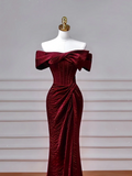 Simple Mermaid Off The Shoulder Burgundy With Sleeves Long Formal Prom Dresses Night Outfits Party Gowns HZ0311