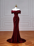 Simple Mermaid Off The Shoulder Burgundy With Sleeves Long Formal Prom Dresses Night Outfits Party Gowns HZ0311