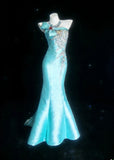 Classy Mermaid One Shoulder Blue Satin With Beaded Bodice Sleeveless Long Prom Dresses Inspo Senior Sweet 16 Birthday Outfits HZ0311