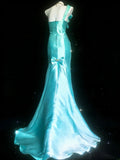 Classy Mermaid One Shoulder Blue Satin With Beaded Bodice Sleeveless Long Prom Dresses Inspo Senior Sweet 16 Birthday Outfits HZ0311