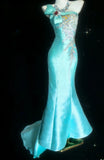 Classy Mermaid One Shoulder Blue Satin With Beaded Bodice Sleeveless Long Prom Dresses Inspo Senior Sweet 16 Birthday Outfits HZ0311