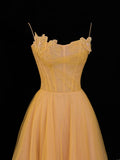 Simple Formal A Line Spaghetti Strap Yellow Tulle Style Impress Long Prom Dresses Party Gowns HZ0311