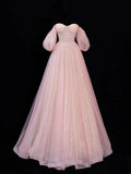Modest Prom Dress Aesthetic Ball Gowns Off The Shoulder Pink Tulle Style Impress With Sleeves Long Party Formal Gown HZ0311