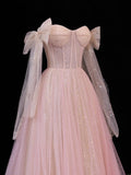 Modest Prom Dress Aesthetic Ball Gowns Off The Shoulder Pink Tulle Style Impress With Sleeves Long Party Formal Gown HZ0311