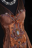 Women's Cocktail Party Gowns 90s Mermaid Brown V Neck Satin With Beads Long Graduation Dinner Outfits Prom Dresses HZ0311