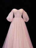 Modest Prom Dress Aesthetic Ball Gowns Off The Shoulder Pink Tulle Style Impress With Sleeves Long Party Formal Gown HZ0311