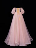 Modest Prom Dress Aesthetic Ball Gowns Off The Shoulder Pink Tulle Style Impress With Sleeves Long Party Formal Gown HZ0311