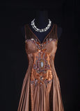 Women's Cocktail Party Gowns 90s Mermaid Brown V Neck Satin With Beads Long Graduation Dinner Outfits Prom Dresses HZ0311