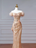 Sparkly Mermaid Off The Shoulder Blush Pink With Sleeves Long Formal Prom Dresses Night Outfits Party Gowns HZ0311