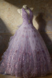 Cute Ball Gown Halter Lilac Sleeveless With Beaded Bodice Tulle Long Quinceanera Dresses Sweet 15 16 Birthday Outfits HZ0311