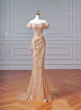 Sparkly Mermaid Off The Shoulder Blush Pink With Sleeves Long Formal Prom Dresses Night Outfits Party Gowns HZ0311