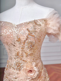 Sparkly Mermaid Off The Shoulder Blush Pink With Sleeves Long Formal Prom Dresses Night Outfits Party Gowns HZ0311