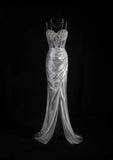 Vintage Mermaid Spaghetti Strap Silver Gray Silk Satin 2000s Prom Dress Inspo With Slit Lace Formal Party Gowns Formal Dresses HZ0311